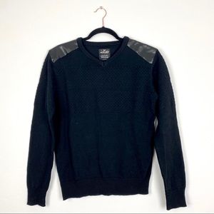 Men's Xray Jeans Black Knit V Neck Pullover Sweater Faux Leather Shoulder Patch